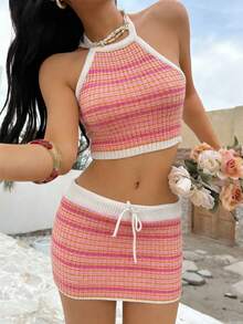 Sunnyshic Women's Fashionable Sexy Cute Beach Spaghetti Strap Camisole And Mini Skirt Knit Sweater 2 Pieces Set, Summer - Multicolor - View 5