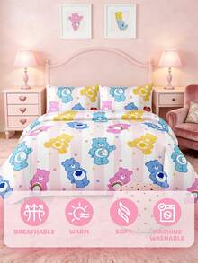 SHEIN X Care Bears 3件套爱心熊印花被套，磨砂材质，柔软保暖，多种尺寸可选，适用于单人床/双人床/大号床/特大号床，可机洗 - 彩色 - 查看 6