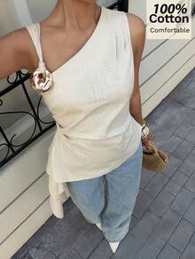 Siren Gaze 100% Cotton Asymmetrical Tie-Waist Sleeveless Top With Metal Buckle,Light Beige,Summer,Chic,Vacation,Holiday French Style Casual Tank Top - Apricot - View 3