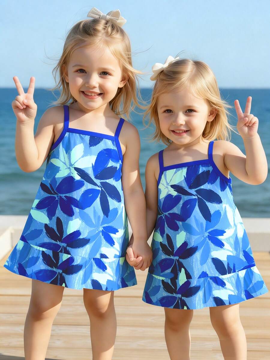 Vestito casual e alla moda per bambine, con stampa floreale, senza maniche, con volant sul fondo, comodo per l'uso quotidiano - Multicolore - Visualizzare 1