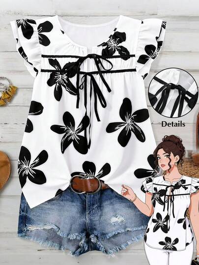 Linhara 大码夏季休闲度假印花前系带荷叶边下摆衬衫