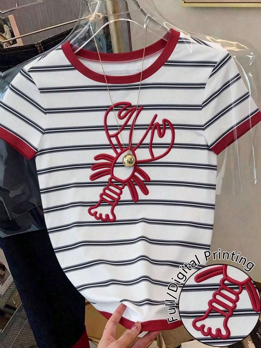 Resyla Women's Striped Lobster Print Round Neck Short Sleeve T-Shirt - Multicolor - View 1