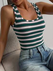 DAZY Camiseta de tirantes de mujer con cuello cuadrado y rayas de colores, para el verano - Verde - Ver 4