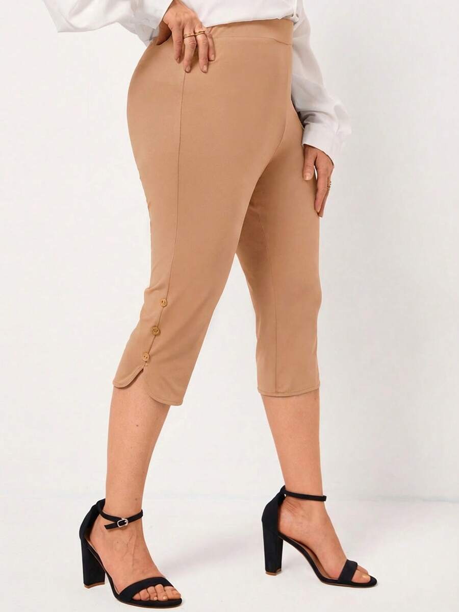 EMERY ROSE Quần ống ôm dáng thanh lịch màu đen dành cho nữ cỡ lớn, thích hợp mặc mùa xuân/hè, có cúc trang trí, kiểu dáng "quần mẹ". - Màu Khaki - Xem 1