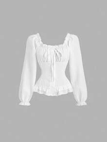 SHEIN Tall 新款春夏甜美粉白条纹方领系腰修身荷叶边下摆浪漫度假衬衫，适合高个女性 - 白色 - 查看 1