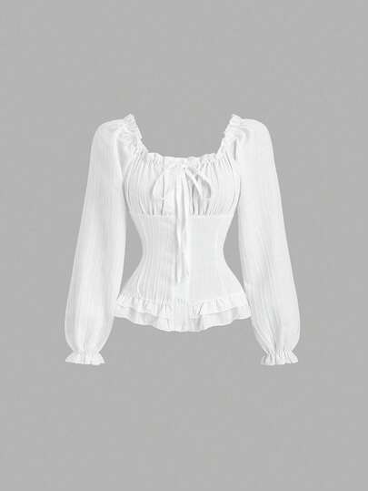 SHEIN Tall Áo kiểu dáng ôm sát, màu hồng trắng kẻ sọc ngọt ngào, cổ vuông, thắt eo, viền bèo nhún, thích hợp cho kỳ nghỉ hè, dành cho phụ nữ cao ráo.