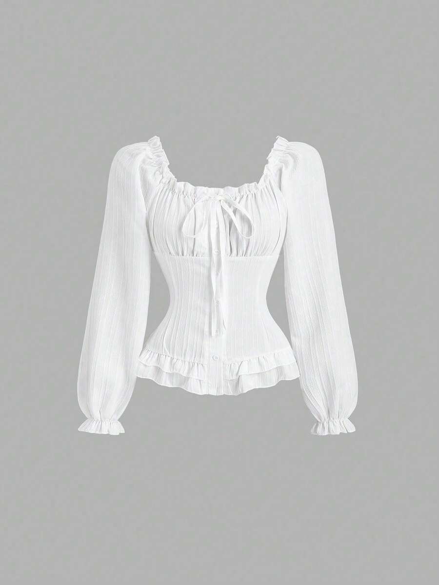 SHEIN Tall 新款春夏甜美粉白条纹方领系腰修身荷叶边下摆浪漫度假衬衫，适合高个女性 - 白色 - 查看 1