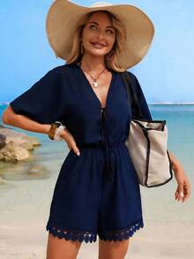 Swim Lushoire 女士夏季沙滩蝙蝠袖V领系带流苏拼接圆蕾丝边连体短裤沙滩装，女士度假连体裤，女士夏季连体裤，女士夏季套装，女士优雅连体裤，女士黑色连体裤，女士复活节连体裤，女士休闲连体裤，女士度假连体裤，女士乡村风连体裤，女士运动连体裤 - 藏蓝色 - 查看 3
