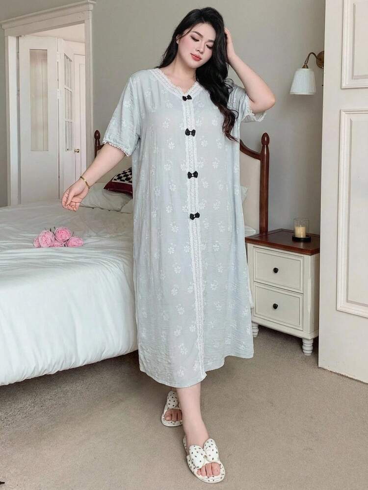 Dazy Plus Lace Patchwork Bow Decor Mid-Length Short Sleeve Summer Nightgown, Plus Size Women Spring/Summer