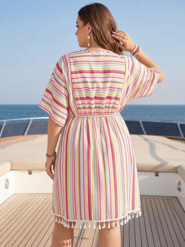 Plus Size Casual Striped Tassel Hem Dress Women's Summer Outfits Beach Vacation Outfits Woman Plus Size Plus Size Summer Dresses For Women Women Casual Dresses Summer Outfits For Women Beach Outfit For Women Casual Vacation Outfits Women Country Concert Outfit Peplum