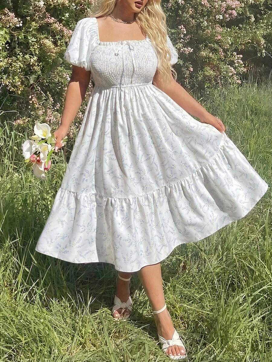 Lyrianda Đầm dài ngang gối dáng suông, cổ vuông, tay phồng, nhún bèo, thắt nơ, kiểu dáng thanh lịch cổ điển, thường ngày, dễ thương, thích hợp cho kỳ nghỉ. - trắng - Xem 1