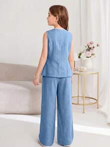SHEIN Serisse Kids 少女通勤休闲纯色无袖背心上衣和直筒裤套装 - 藍色 - 查看 2