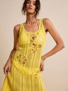 LOTSLUV Women's Yellow Round Neck Sleeveless Crochet Slip Dress, Spring/Summer - Yellow - View 3