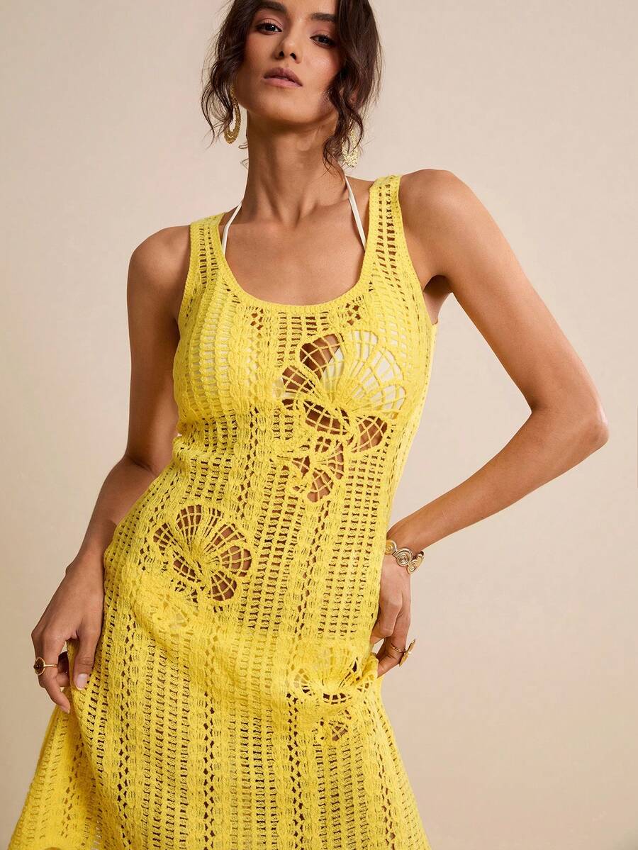LOTSLUV Women's Yellow Round Neck Sleeveless Crochet Slip Dress, Spring/Summer - Yellow - View 1
