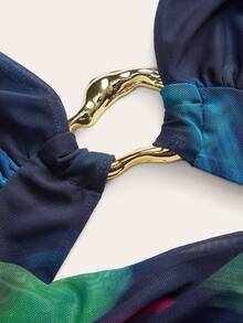 Opulessa Đầm lưới dệt kim in họa tiết cổ yếm cho kỳ nghỉ xuân hè của phụ nữ - Màu xanh lam - Xem 3