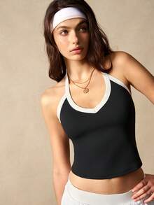 VARSIVA Contrast Color Trim Backless Racerback Sports Tank Top Backless Body Shaper - Black and White - View 10