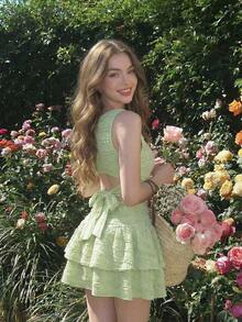 SHEIN MOD Green Round Neck Backless Bow Tie Strap Double Layer Hem Mini Dress - Green - View 1