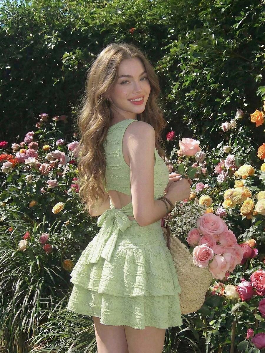 SHEIN MOD Green Round Neck Backless Bow Tie Strap Double Layer Hem Mini Dress - Green - View 1