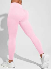 Quần legging thể thao nữ màu trơn, cạp cao, co giãn. - Hồng - Xem 2