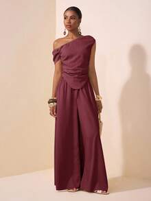 Zivah 2025春夏新款音乐节、复活节、圣帕特里克节、西部风、游牧风、生日派对、毕业典礼、校园风、日常穿着、休闲装、度假、邮轮旅行、海滩、日光浴、潮流、街头风、婚礼宾客波西米亚风、通勤、早午餐、机场杏色不对称肩部褶皱下摆露脐上衣和阔腿裤纹理两件套 - 紫色 - 查看 4