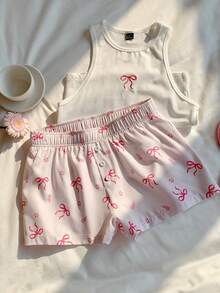 CovetEZ Casual Minimalist Summer Sweetheart Embroidered Bow Camisole And Butterfly Print Shorts Set, Versatile Sweet Homewear - Multicolor - View 6