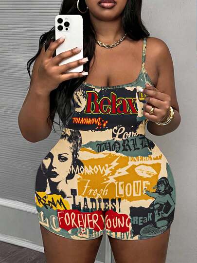 Slaydiva Casual Retro Poster Graphic Print Jumpsuit For Plus Size Women, Suitable For Summer, Y2K, Streetwear, Music Festivals