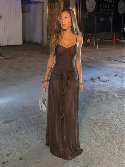 Bonvoyette 夏季新款亮棕色细肩带褶皱高衩丁字裤比基尼泳裤，网红派对海滩度假褶皱荷叶边紧身长裙连体泳衣，女士两件套浪漫度假泳装套装