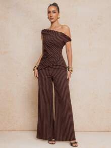 Lumalex 女士夏季时尚条纹不对称上衣和裤子两件套 - 咖啡棕 - 查看 5