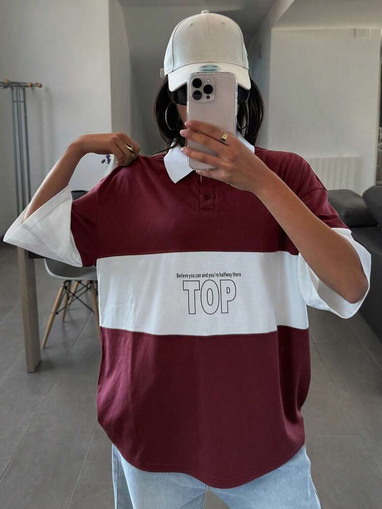 Loose Fit Collared Patchwork T-Shirt For Women Y2k Oversized