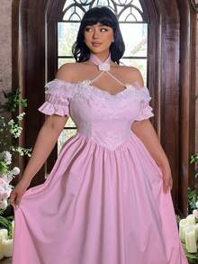 Lyrianda Plus Size Off-Shoulder Lace Patchwork Faux Pearl Chain Decor Floral Vintage Elegant Vacation Party Dress, Sweet Pink - Pink - View 8
