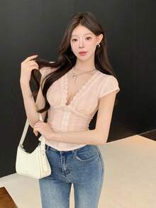 SHEIN K-Vae 春夏新款度假风拼接荷叶边腰部纽扣低领性感衬衫 - 粉色 - 查看 5