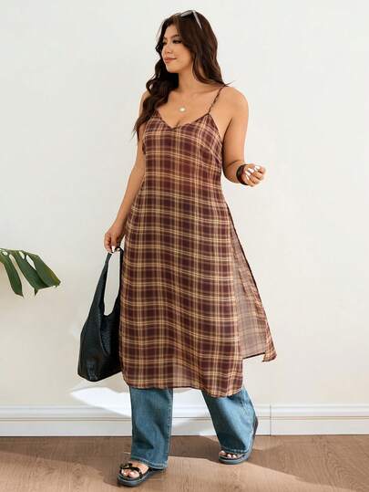 Lounesse Plus Size Dress, Women's Plus Size High Slit Design Fashion Plus Size Top Shirt, Casual Outgoing Versatile Plaid Shirt, Long Plaid Shirt Dress Womens Summer Dresses