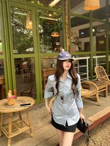 K-Vae 蓝色长袖休闲时尚衬衫 - 藍色 - 查看 3