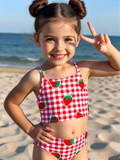 SHEIN Cute Strawberry Pattern, Retro Red & White Plaid, Beach Vacation Style, Young Girls Casual Slim-Fit Camisole & Triangle Bikini Swimwear Set, Suitable For Summer Chill Vacation, #Coconutgirl Girls Two Piece Bikini Girls Strawberry Bikini Girls Swimwear Cherry Print Two Piece Twain Tweens Swimsuit Toddler Girl Two Piece Swimsuit