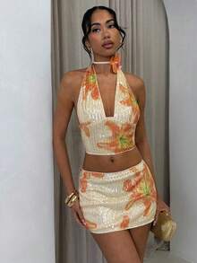 Glamine 2件套亮片花卉提花装饰夏季度假风深V领女裙套装 - 杏色 - 查看 2