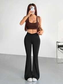 valorelle valorelle Pantalones acampanados de unicolor, versátiles y casuales para uso diario de mujeres - Negro - Ver 5