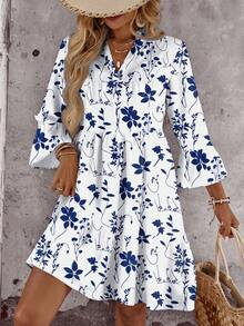 EMERY ROSE Vestido de talla grande con estampado floral azul y blanco, adecuado para vacaciones - Multicolor - Ver 1