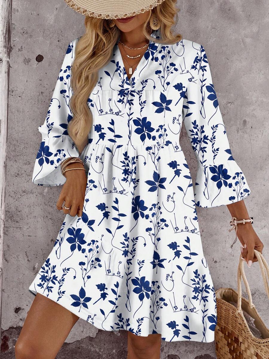 EMERY ROSE Vestido de talla grande con estampado floral azul y blanco, adecuado para vacaciones - Multicolor - Ver 1