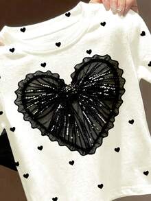 SHEIN Cute Ballerina Mini Bow Print Black Elegant Chic Bow Print Pattern T-Shirt, Suitable For Summer Casual Outings, Young Girl Graphic Tee - Multicolor - View 4