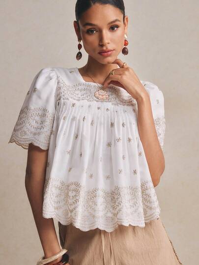 Poéselle 女士全印花圆领休闲短袖衬衫，春夏款