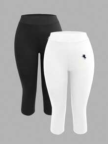 SHEIN EZwear 2条装女士黑灰马图案印花七分紧身休闲打底裤，适合夏季穿着 - 彩色 - 查看 1