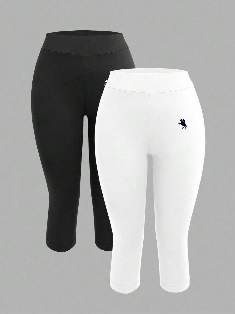 SHEIN EZwear 2条装女士黑灰马图案印花七分紧身休闲打底裤，适合夏季穿着 - 彩色 - 查看 1