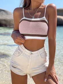 Breezaya 女士度假条纹镂空露脐吊带针织上衣 - 彩色 - 查看 4