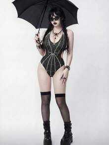 ROMWE Goth 2026春夏哥特吸血鬼角色扮演服装，女士连体泳衣，优雅浪漫哥特渐变扎染蜘蛛网印花，可调节交叉宽肩带，多色可选，黑色、白色，修身连体泳衣，2026春夏女装新款，适合新年、情人节、返校季、旅行季、户外活动、海滩、下午茶、派对、日常穿着、休闲、户外运动等场合，时尚百搭。 - 黑色 - 查看 5