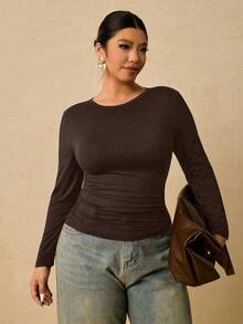 Travachic 加大码女式黑色长袖圆领保暖内衣，腰部褶皱收腹T恤 - 棕色 - 查看 5