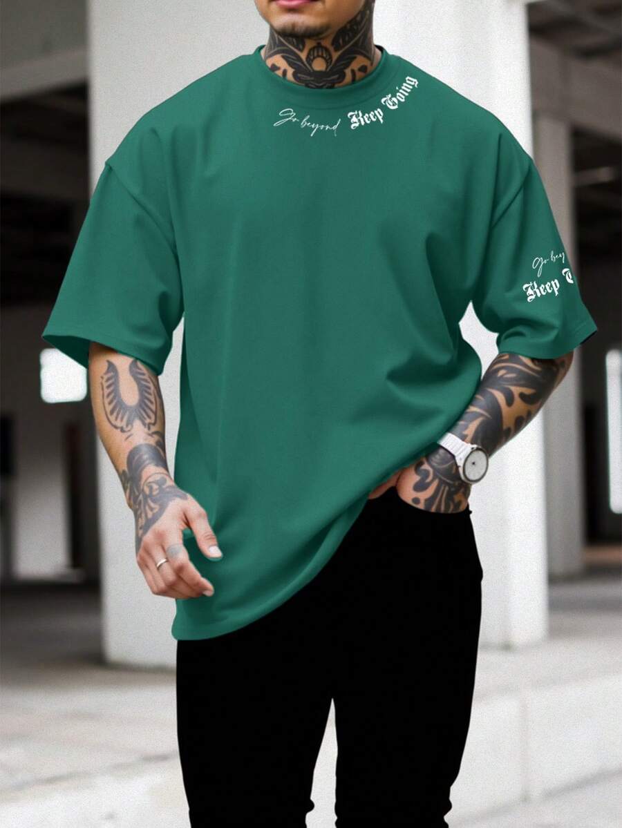 Manfinity LEGND Men's Letter Print Casual Round Neck Short Sleeve T-Shirt, Summer - Green - View 1