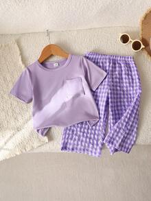 SHEIN Playful Pals 女婴纯色口袋圆领短袖T恤和格子裤套装 - 淡紫色 - 查看 1