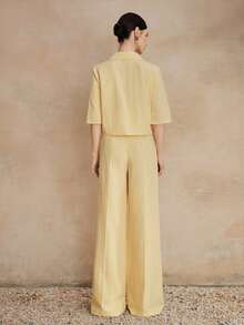 Anewsta 2pcs Starfish Embroidery Collared Cropped Shirt & Wide Leg Pants Set - Yellow - View 7