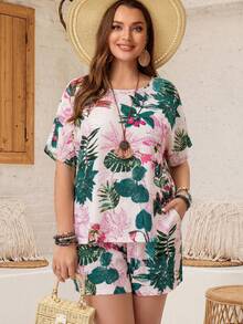 EMERY ROSE Plus Size Tropical Print Top And Shorts Set, Casual Summer Holiday Outfit - Pink - View 4