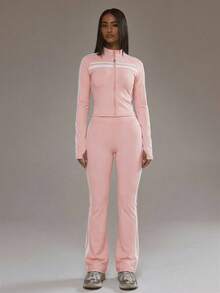 Musera Sport Zip Through Stripe Detail Sculpting BBL Jacket Only Padel Autumn Fall Activewear Sport Gym Workout Yoga Fitness Daily - Baby Pink - View 5